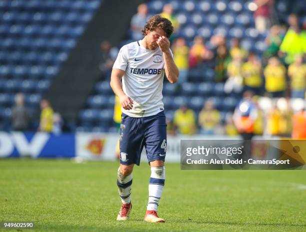Preston North End's Ben Pearson leaves the field dejected after the match during the Sky Bet Championship match between Preston North End and Norwich...