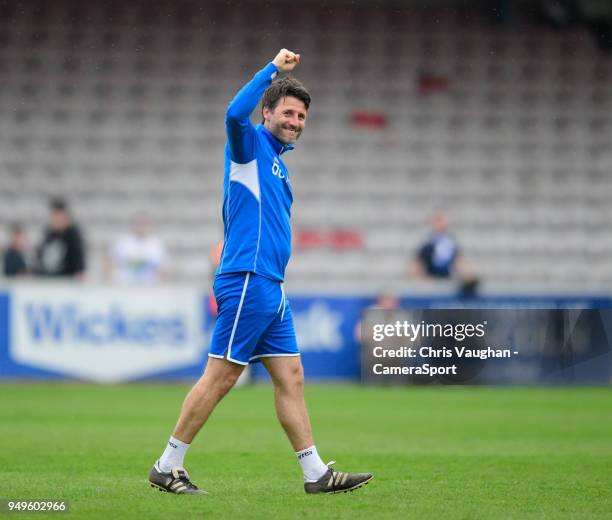 Lincoln City manager Danny Cowley celebrates the win following the Sky Bet League Two match between Lincoln City and Colchester United at Sincil Bank...