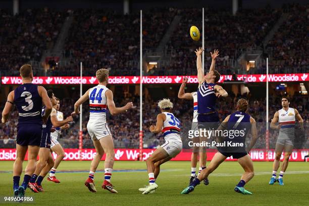Matt Taberner of the Dockers contest for a mark during the round five AFL match between the Fremantle Dockers and the Western Bulldogs at Optus...