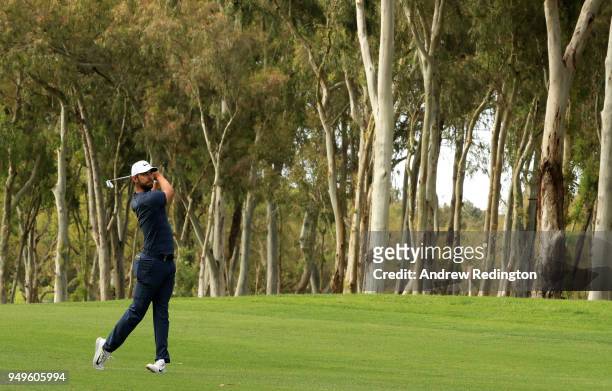 Erik van Rooyen of South Africa plays his second shot on the 18th hole during the third round of the Trophee Hassan II at Royal Golf Dar Es Salam on...