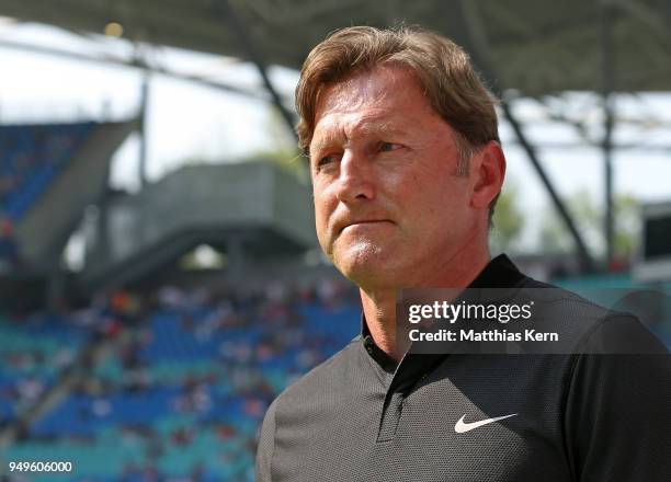 Head coach Ralph Hasenhuettl of Leipzig looks on prior to the Bundesliga match between RB Leipzig and TSG 1899 Hoffenheim at Red Bull Arena on April...