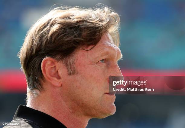 Head coach Ralph Hasenhuettl of Leipzig looks on prior to the Bundesliga match between RB Leipzig and TSG 1899 Hoffenheim at Red Bull Arena on April...