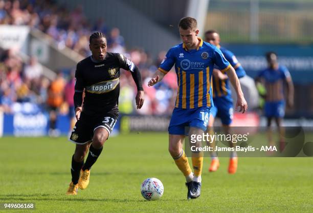 Neil Danns of Bury and Bryn Morris of Shrewsbury Town during the Sky Bet League One match between Shrewsbury Town and Bury at New Meadow on April 21,...