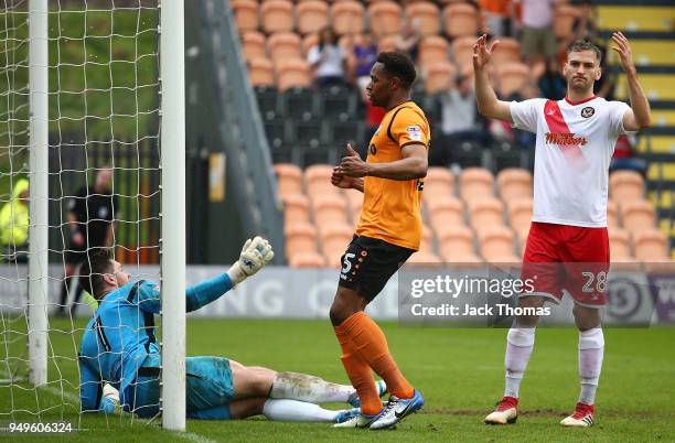 Mickey Demetriou of Newport County AFC reacts after Ricardo Almeida Santos of Barnet FC scores his teams second goal during the Sky Bet League Two...