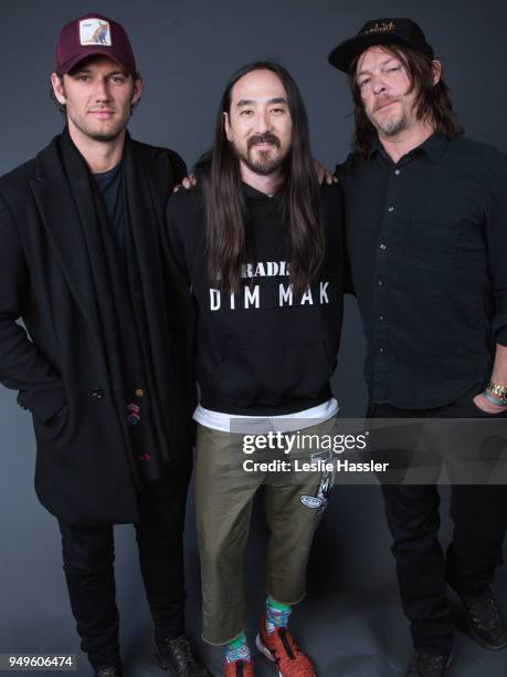 Alex Pettyfer, Steve Aoki, and Norman Reedus pose for a portrait during the Jury Welcome Lunch - 2018 Tribeca Film Festival at Tribeca Film Center on...