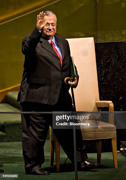 Jalal Talabani, president of Iraq, speaks at the 64th annual United Nations General Assembly in New York, U.S., on Thursday, Sept. 24, 2009. The...