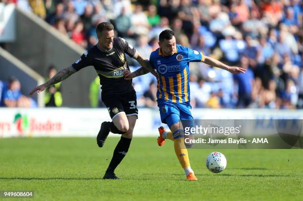 Peter Clarke of Bury and Nathan Thomas of Shrewsbury Town during the Sky Bet League One match between Shrewsbury Town and Bury at New Meadow on April...