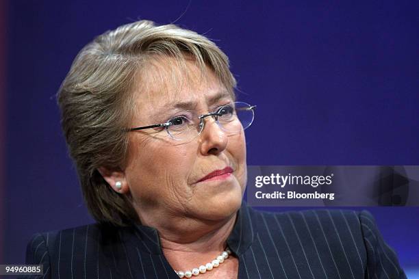 Michelle Bachelet, president of Chile, listens during the opening session of the Clinton Global Initiative's annual meeting in New York, U.S., on...