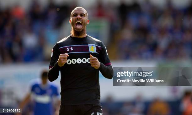 Lewis Grabban of Aston Villa scores his second goal for Aston Villa during the Sky Bet Championship match between Ipswich Town and Aston Villa at...