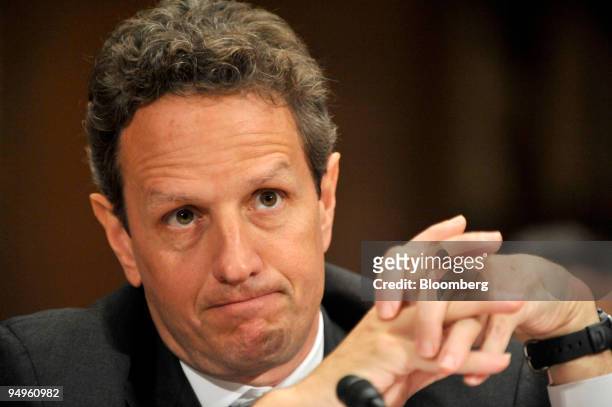 Timothy Geithner, U.S. Treasury secretary, testifies at a Senate Appropriations subcommittee hearing in Washington, D.C., U.S., on Tuesday, June 9,...