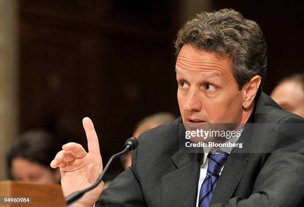 Timothy Geithner, U.S. Treasury secretary, testifies at a Senate Appropriations subcommittee hearing in Washington, D.C., U.S., on Tuesday, June 9,...