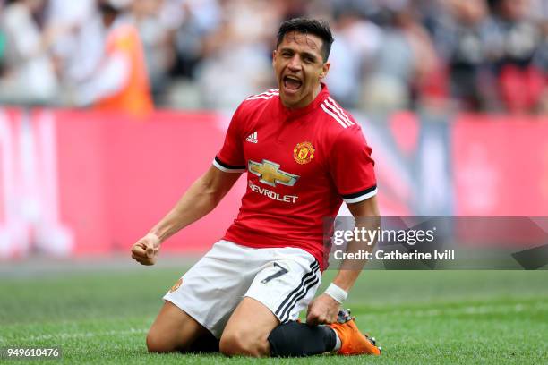 Alexis Sanchez of Manchester United celebrates after scoring his sides first goal during The Emirates FA Cup Semi Final match between Manchester...