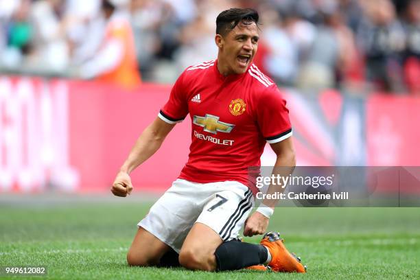 Alexis Sanchez of Manchester United celebrates after scoring his sides first goal during The Emirates FA Cup Semi Final match between Manchester...