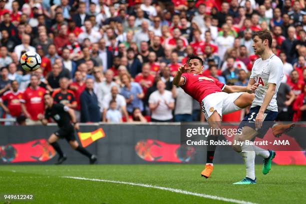 Alexis Sanchez of Manchester United scores a goal to make it 1-1 during The Emirates FA Cup Semi Final match between Manchester United and Tottenham...