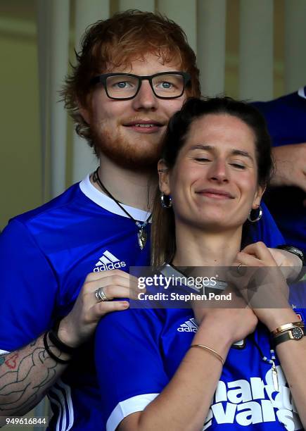 Musician Ed Sheeran and fiance Cherry Seaborn look on during the Sky Bet Championship match between Ipswich Town and Aston Villa at Portman Road on...