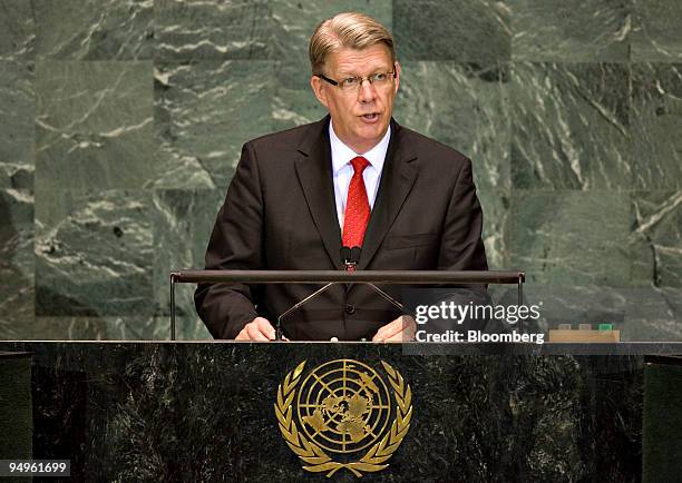 Valdis Zatlers, president of Latvia, speaks at the 64th annual United Nations General Assembly in New York, U.S., on Thursday, Sept. 24, 2009. The...
