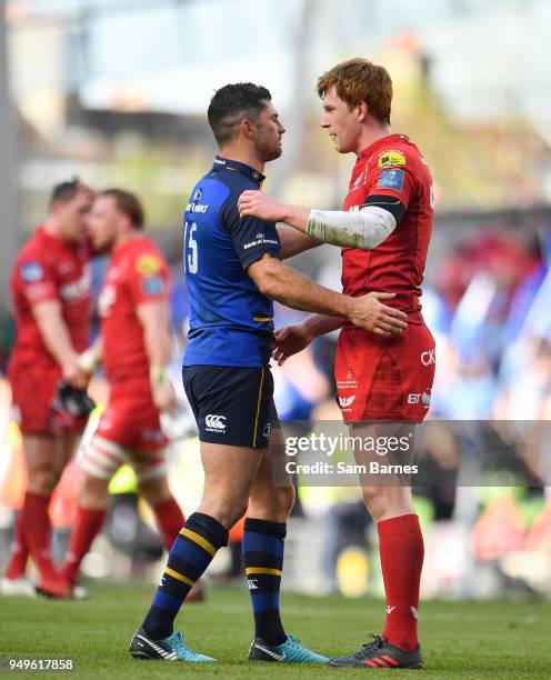 Dublin , Ireland - 21 April 2018; Rob Kearney of Leinster and Rhys Patchell of Scarlets embrace following the European Rugby Champions Cup Semi-Final...