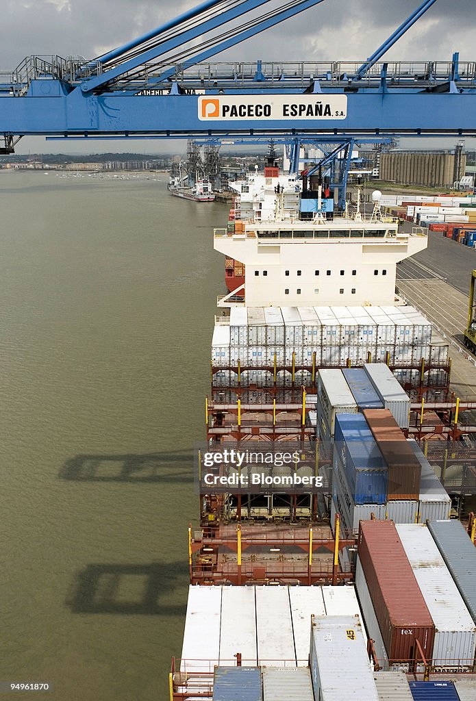 Containers are stacked on a ship docked at Tilbury Docks, U.