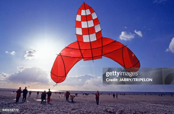 Le cerf-volant ?Fusée de Tintin? de Michel Colin lors des Rencontres Internationnales de Cerf-Volant de Berck, à Berck-sur-Mer, dans le...