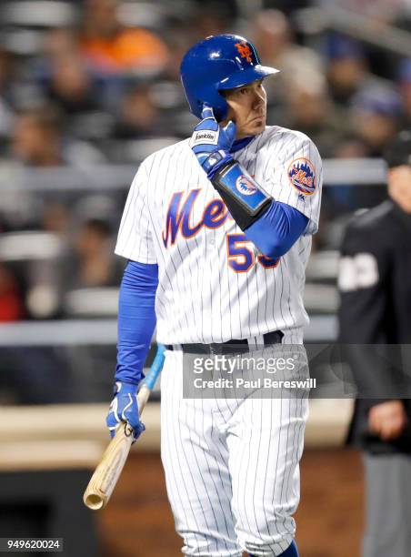 Jose Lobaton of the New York Mets reacts after striking out in an MLB baseball game against the Washington Nationals on April 16, 2018 at CitiField...
