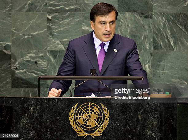 Mikheil Saakashvili, president of Georgia, speaks at the 64th annual United Nations General Assembly in New York, U.S., on Thursday, Sept. 24, 2009....