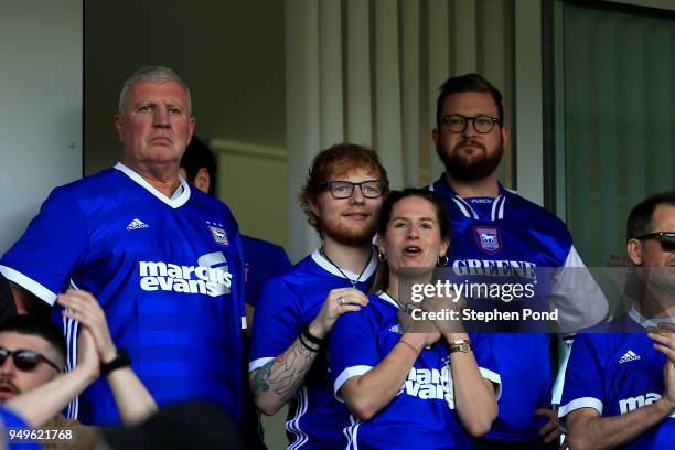 Musician Ed Sheeran and fiance Cherry Seaborn look on during the Sky Bet Championship match between Ipswich Town and Aston Villa at Portman Road on...