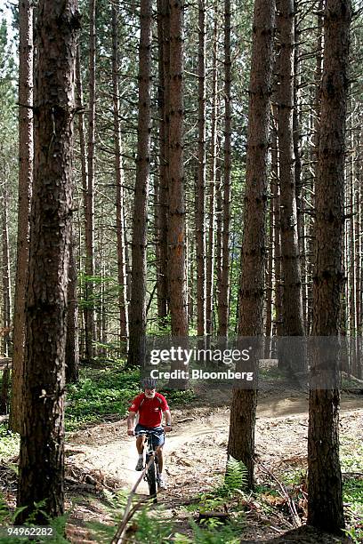 Cyclist rides through pine trees on the Kingdom Trails in East Burke, Vermont, U.S., on Wednesday, June 17, 2009. Kingdom Trails features 100 miles...