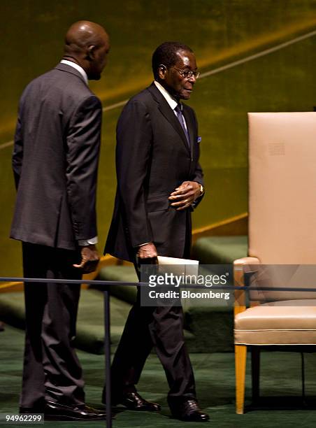 Robert Mugabe, president of Zimbabwe, arrives to speak at the 64th annual United Nations General Assembly in New York, U.S., on Friday, Sept. 25,...