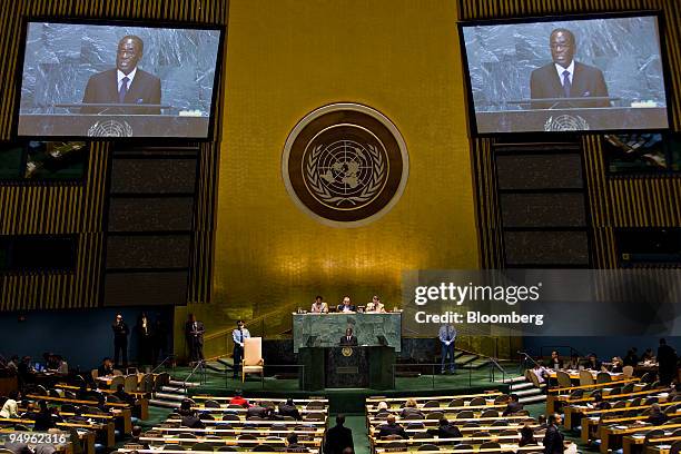 Robert Mugabe, president of Zimbabwe, speaks at the 64th annual United Nations General Assembly in New York, U.S., on Friday, Sept. 25, 2009. The...