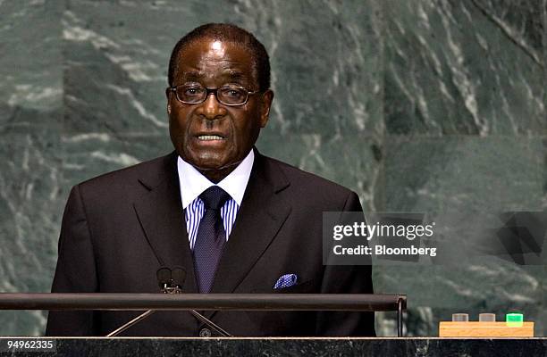 Robert Mugabe, president of Zimbabwe, speaks at the 64th annual United Nations General Assembly in New York, U.S., on Friday, Sept. 25, 2009. The...