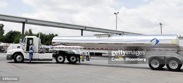 Sanitized truck waits to be filled with corn syrup outside of the Archer Daniels Midland Co. Corn processing facility in Decatur, Illinois, U.S., on...