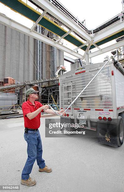 Grain hauler prepares to unload a shipment of corn at the Archer Daniels Midland Co. Corn processing facility in Decatur, Illinois, U.S., on...
