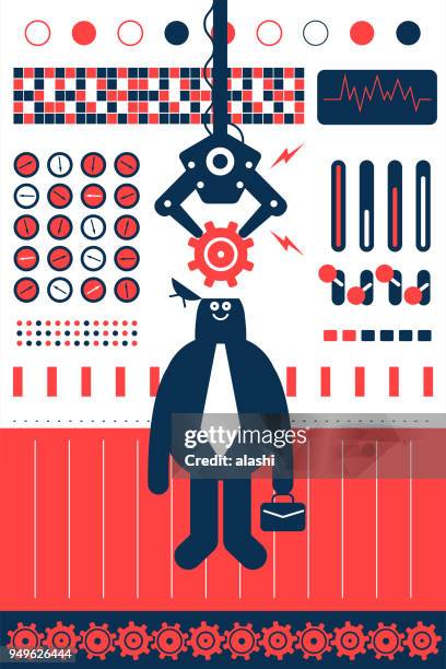 robotic arm holding gear, putting into man's opened head - robot hand human hand stock illustrations