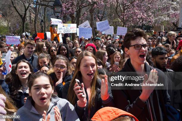 On the anniversary of the Columbine shooting, thousands of New York teenagers walk out of school to attend a gun control rally and call for sweeping...