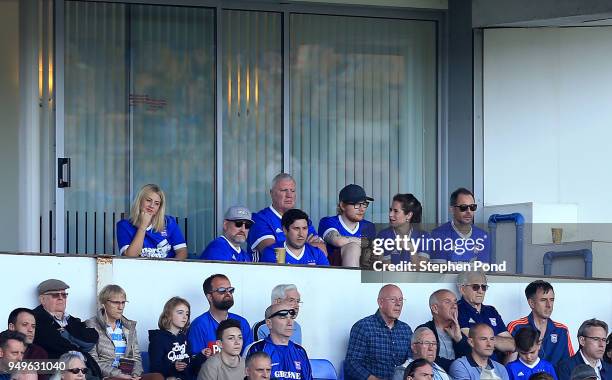 Musician Ed Sheeran and fiance Cherry Seaborn look on during the Sky Bet Championship match between Ipswich Town and Aston Villa at Portman Road on...