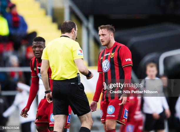 Jonas Eriksson, referee and Smajl Suljevic of Ostersunds FK during the Allsvenskan match between Ostersunds FK and Orebro SK at Jamtkraft Arena on...