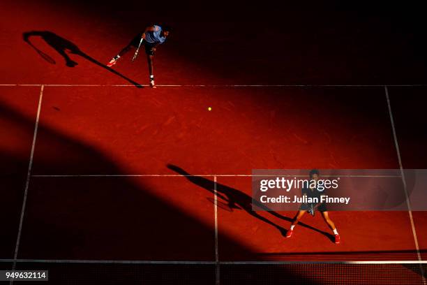 Rohan Bopanna of India serves with partner Edouard Roger-Vasselin of France against Oliver Marach of Austria and Mate Pavic of Croatia in the doubles...