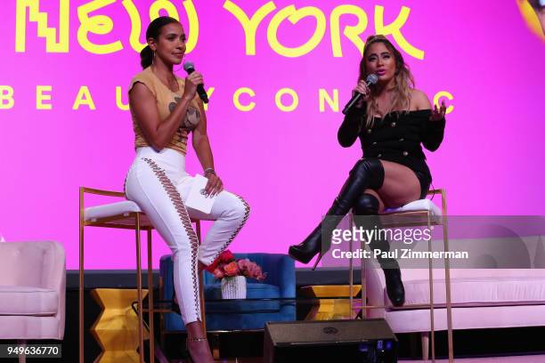 Julissa Bermudez and Ally Brooke speak on a panel during Beautycon Festival NYC 2018 - Day 1 at Jacob Javits Center on April 21, 2018 in New York...