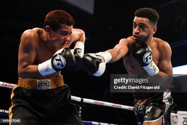 Belfast , Ireland - 21 April 2018; Sam Maxwell, right, in action against Michael Isaac Carrero during their super-lightweight bout at the Boxing in...