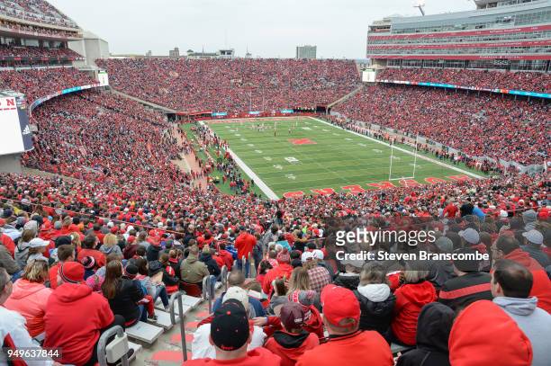 Sell out crowd of over 86,000 watches action during the Spring game at Memorial Stadium on April 21, 2018 in Lincoln, Nebraska.