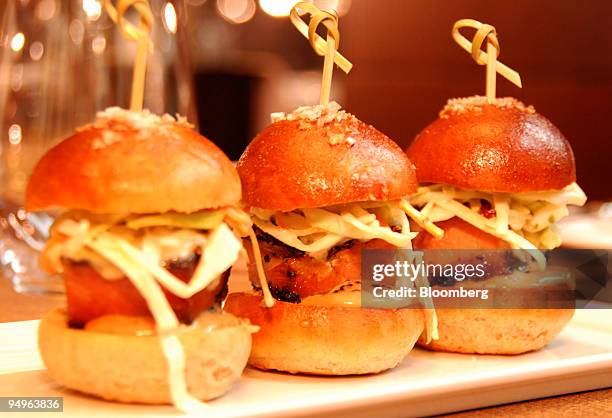 Pastrami pork-belly sliders are served at the restaurant Aureole in New York, U.S., on Monday, Sept. 28, 2009. Other bar menu items include wild...