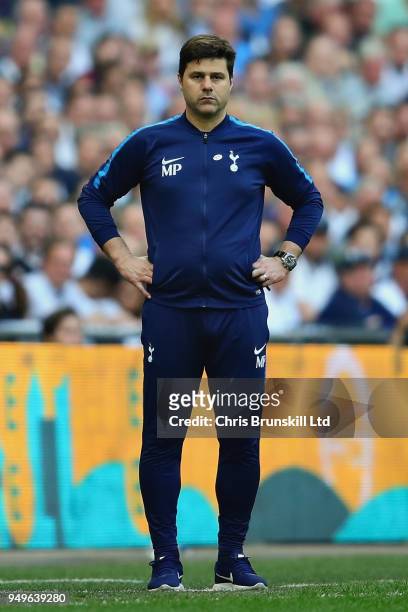 Manager of Tottenham Hotspur Mauricio Pochettino, looks on from the sideline during The Emirates FA Cup Semi Final match between Manchester United...