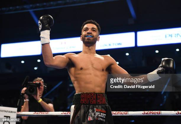Belfast , Ireland - 21 April 2018; Sam Maxwell celebrates after defeating Michael Isaac Carrero in their super-lightweight bout at the Boxing in SSE...