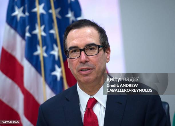 Treasury Secretary Steve Mnuchin holds a press conference during the IMF/World Bank spring meeting in Washington, DC on April 21, 2018.