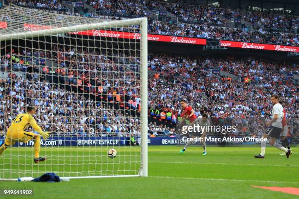 Ander Herrera of Manchester United scores their 2nd goal during The Emirates FA Cup Semi Final at Wembley Stadium between Manchester United and...