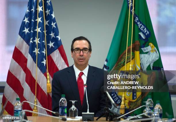 Treasury Secretary Steve Mnuchin holds a press conference during the IMF/World Bank spring meeting in Washington, DC on April 21, 2018.