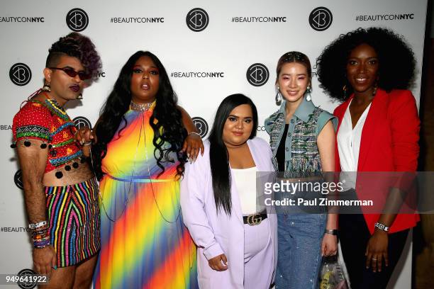 Alok V Menon, Lizzo, Nabela Noor, Irene Kim and Dana L. Oliver attend Beautycon Festival NYC 2018 - Day 1 at Jacob Javits Center on April 21, 2018 in...