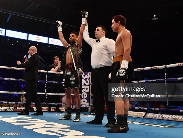 Sam Maxwell celebrates after defeating Michael Issac Carrero following their International Super-Lightweight contest at SSE Arena Belfast on April...