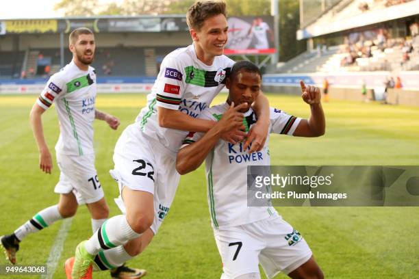 Yanick Aguemon of OH Leuven celebrates with Daan Vekemans of OH Leuven after scoring to make it 1-2 during the Belgian First Divison A Europa League...