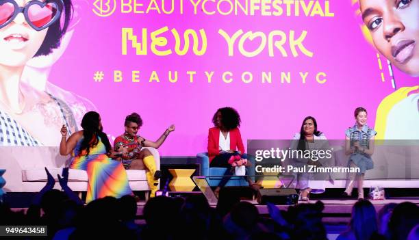 Lizzo, Alok V. Menon, Dana L. Oliver, Nabela Noor and Irene Kim speak on a panel at Beautycon Festival NYC 2018 - Day 1 at Jacob Javits Center on...